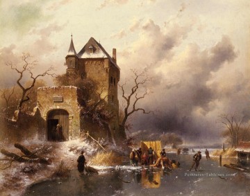  Pat Tableaux - Patineurs sur un lac gelé près des ruines d’un château paysage Charles Leickert